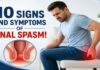 10 signs and symptoms of anal spasm explained by Dr. Raviram S showing rectal pain and muscle spasm illustration